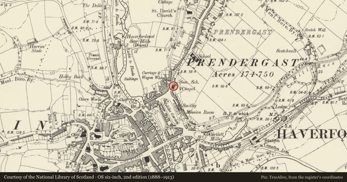 Ordnance Survey six-inch map, 2nd edition (1888–1913) covering the location of Hill Park Baptist Church, Haverfordwest, Pembrokeshire, with a pin at the register's coordinates