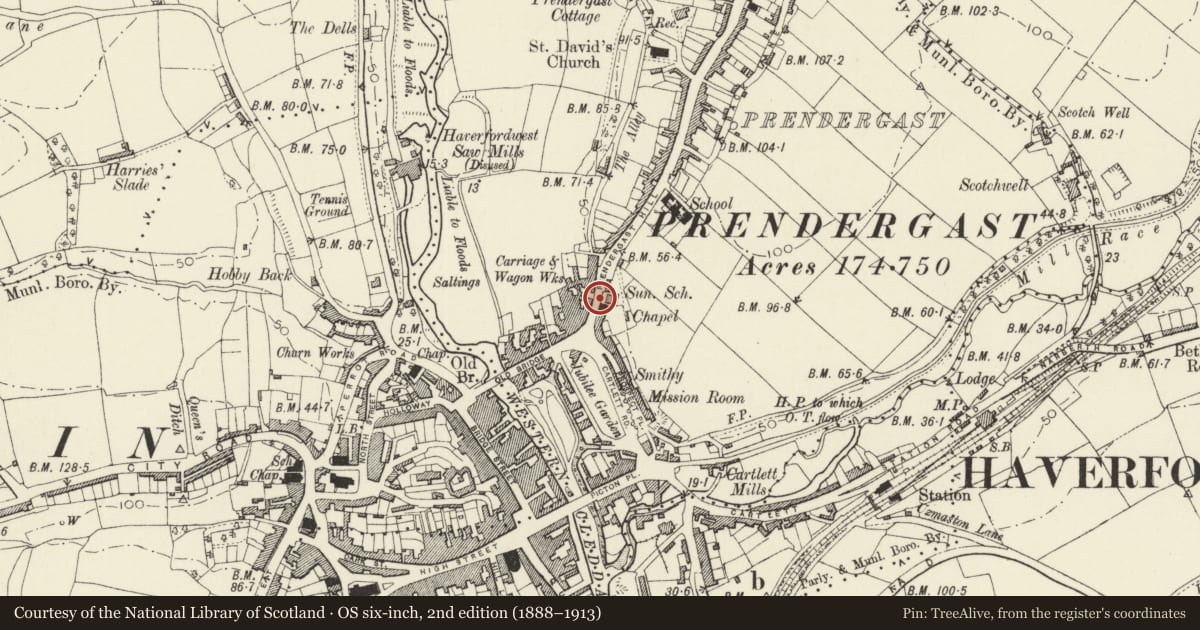 Ordnance Survey six-inch map, 2nd edition (1888–1913) covering the location of Railings, gates and gatepiers to Hill Park Baptist Chapel, Haverfordwest, Pembrokeshire, with a pin at the register's coordinates