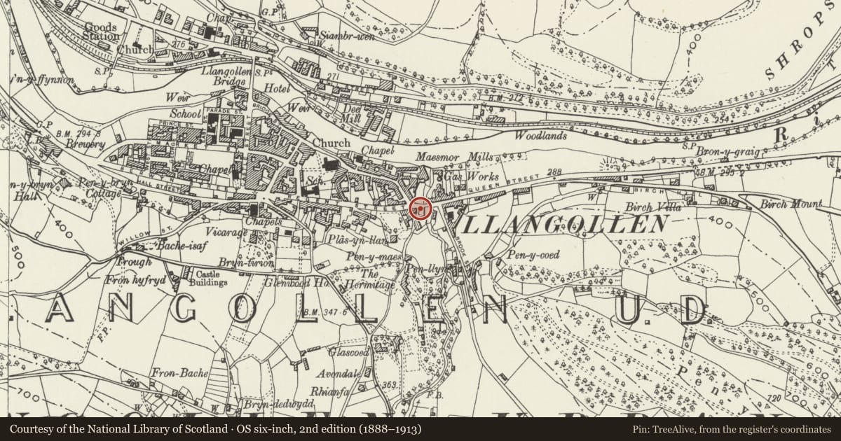 Ordnance Survey six-inch map, 2nd edition (1888–1913) covering the location of Telephone Call-box at the corner with Butler Hill, Llangollen, Denbighshire, with a pin at the register's coordinates