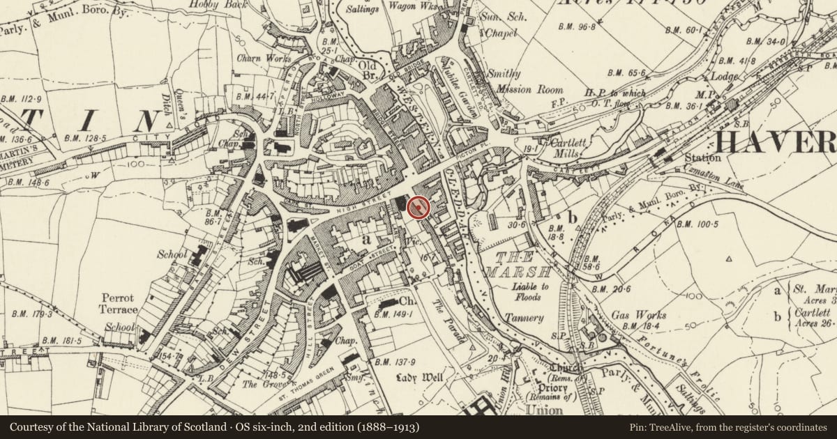 Ordnance Survey six-inch map, 2nd edition (1888–1913) covering the location of Nos. 5 and 7 Quay Street, Haverfordwest, Pembrokeshire, with a pin at the register's coordinates