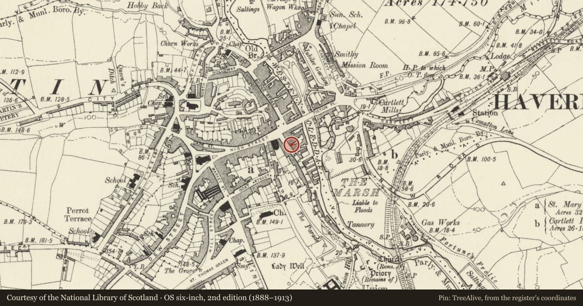 Ordnance Survey six-inch map, 2nd edition (1888–1913) covering the location of Wilton House, Haverfordwest, Pembrokeshire, with a pin at the register's coordinates