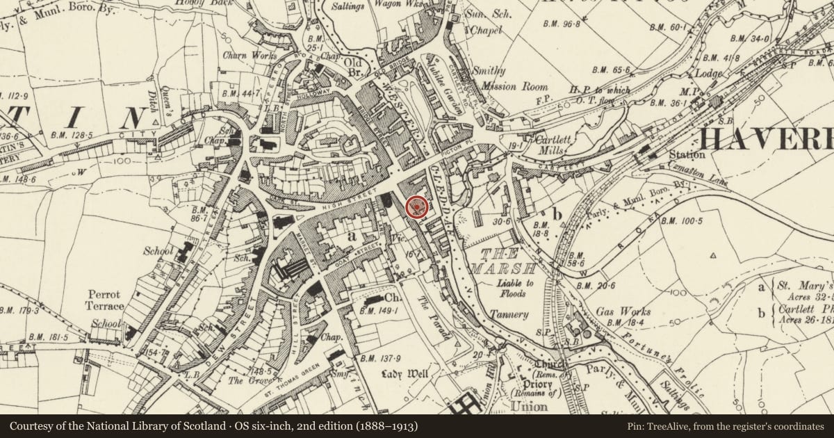 Ordnance Survey six-inch map, 2nd edition (1888–1913) covering the location of 10 Quay Street, Haverfordwest, Pembrokeshire, with a pin at the register's coordinates