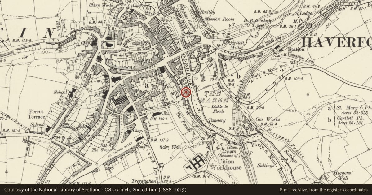 Ordnance Survey six-inch map, 2nd edition (1888–1913) covering the location of The Candle Stores, Haverfordwest, Pembrokeshire, with a pin at the register's coordinates