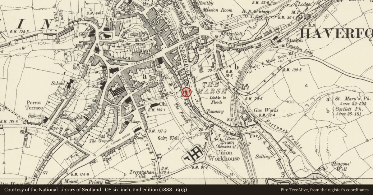 Ordnance Survey six-inch map, 2nd edition (1888–1913) covering the location of The Bristol Trader Inn, Haverfordwest, Pembrokeshire, with a pin at the register's coordinates