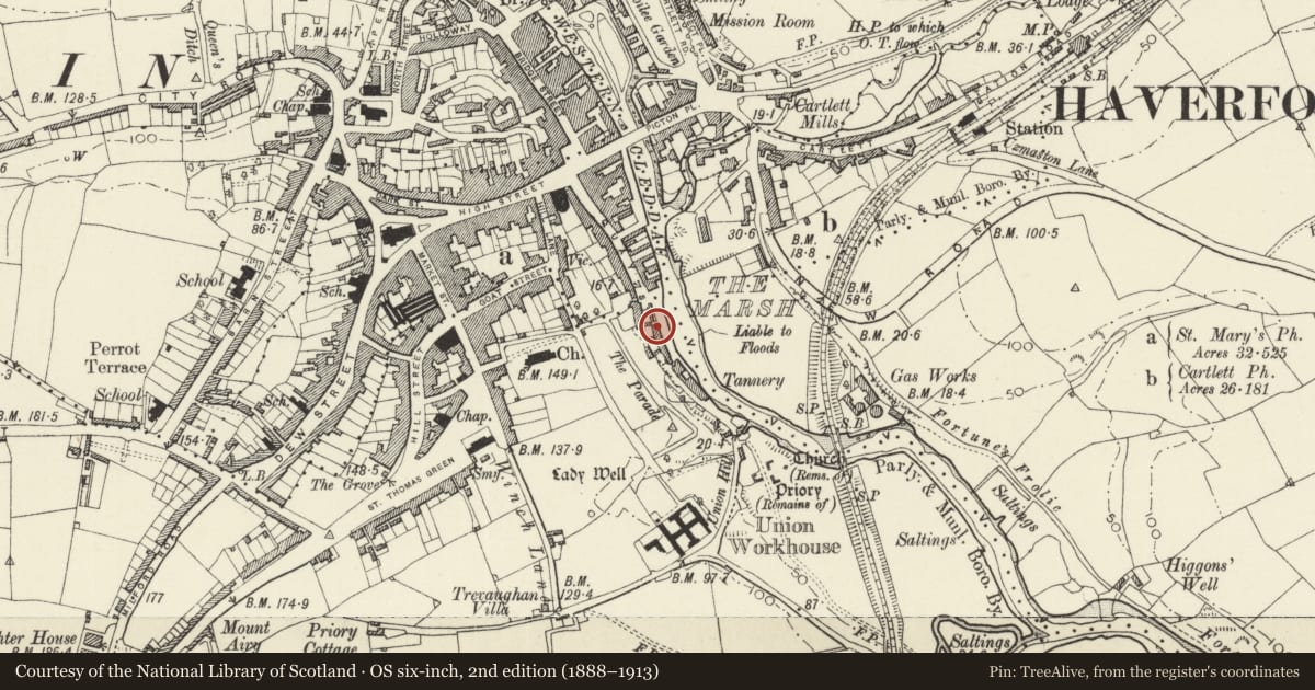 Ordnance Survey six-inch map, 2nd edition (1888–1913) covering the location of The Old Granary, Haverfordwest, Pembrokeshire, with a pin at the register's coordinates