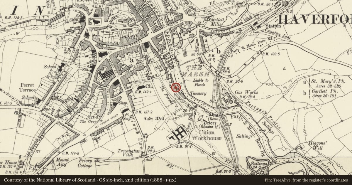 Ordnance Survey six-inch map, 2nd edition (1888–1913) covering the location of Warehouse adjoining former Agricultural Co-op Warehouse, Haverfordwest, Pembrokeshire, with a pin at the register's coordinates