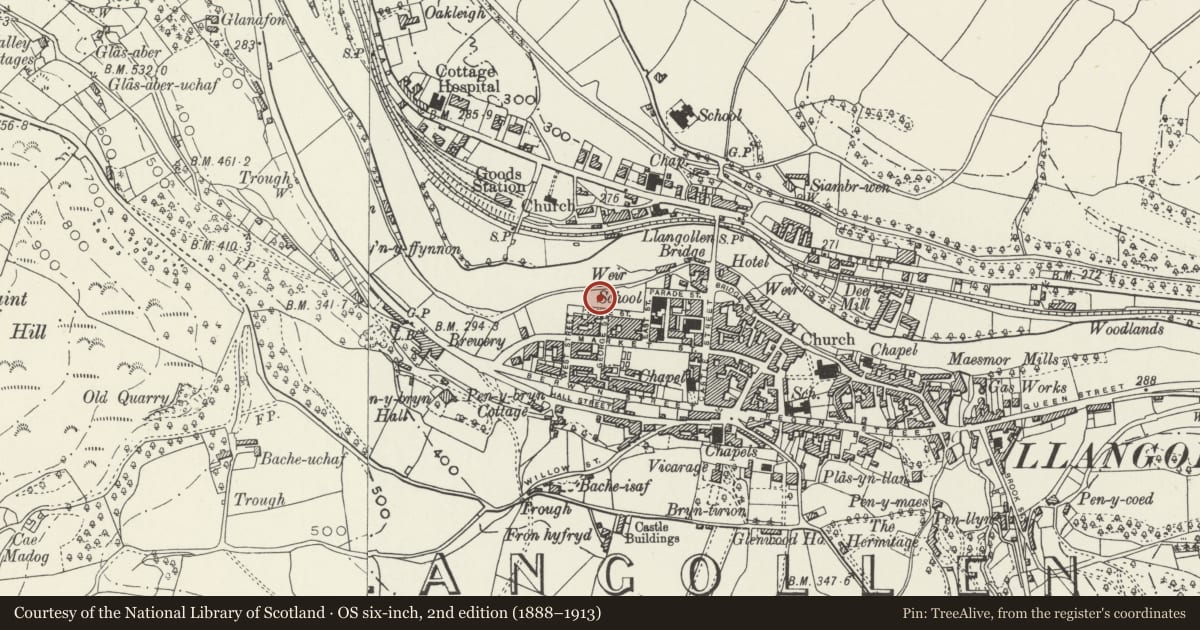 Ordnance Survey six-inch map, 2nd edition (1888–1913) covering the location of Galnrafon Evangelical Church, Llangollen, Denbighshire, with a pin at the register's coordinates