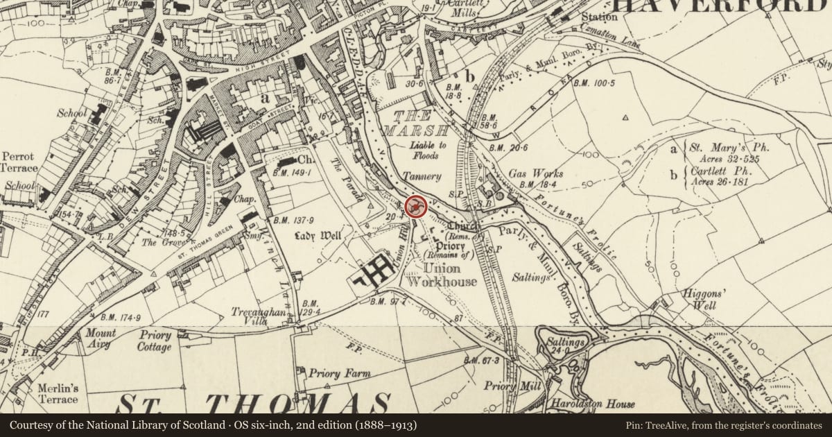 Ordnance Survey six-inch map, 2nd edition (1888–1913) covering the location of Hanover Quay, Haverfordwest, Pembrokeshire, with a pin at the register's coordinates