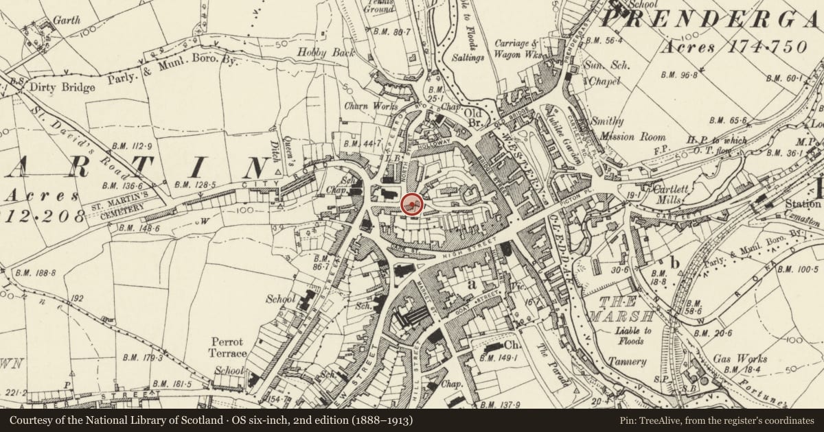 Ordnance Survey six-inch map, 2nd edition (1888–1913) covering the location of 21 Queen's Square, Haverfordwest, Pembrokeshire, with a pin at the register's coordinates