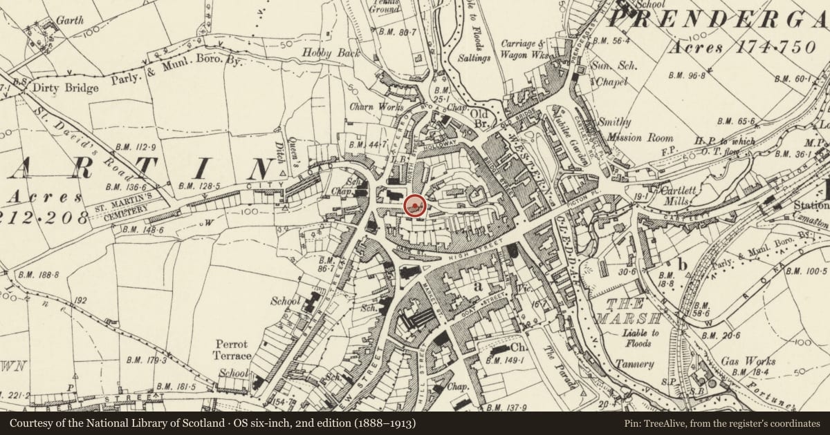 Ordnance Survey six-inch map, 2nd edition (1888–1913) covering the location of 22 Queen's Square, Haverfordwest, Pembrokeshire, with a pin at the register's coordinates