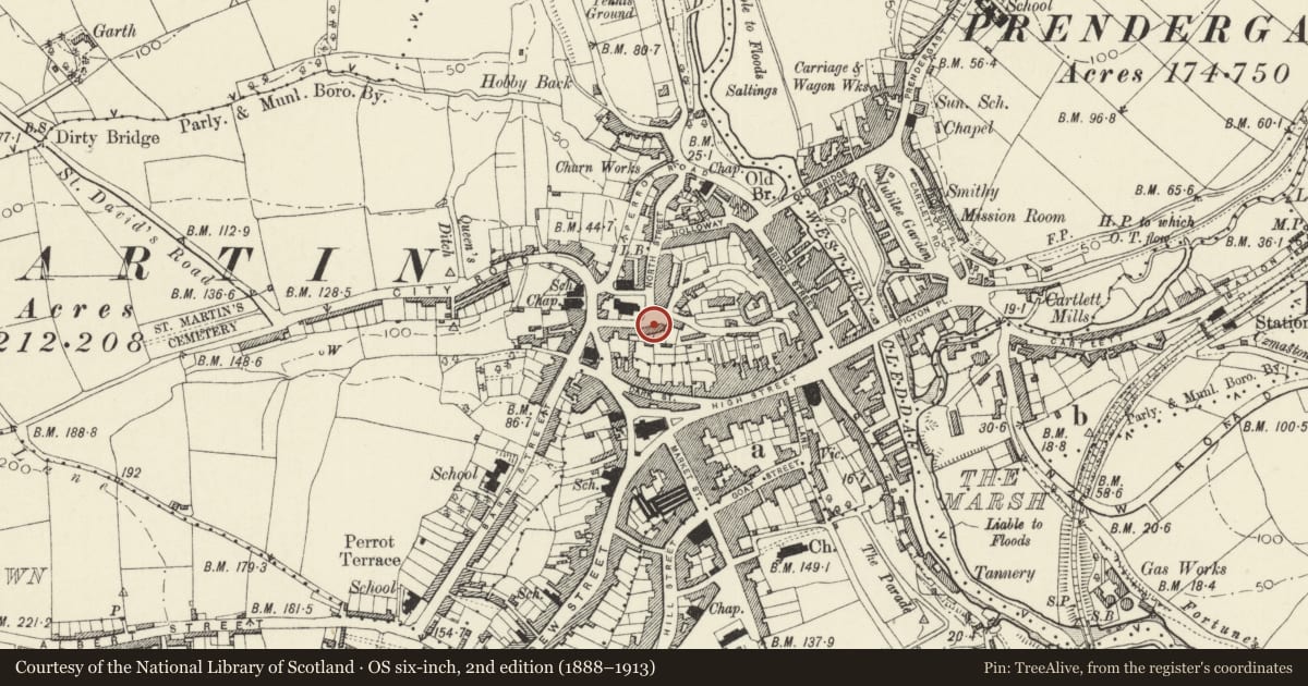 Ordnance Survey six-inch map, 2nd edition (1888–1913) covering the location of 23 Queen's Square, Haverfordwest, Pembrokeshire, with a pin at the register's coordinates