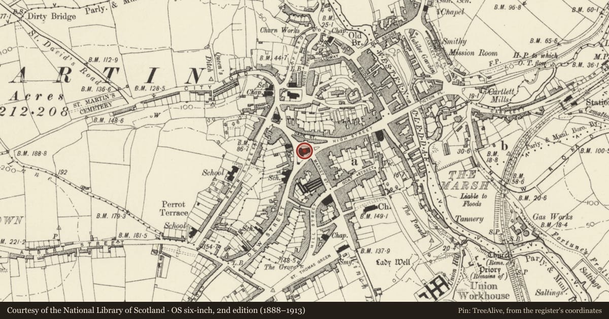Ordnance Survey six-inch map, 2nd edition (1888–1913) covering the location of Church of Saint Mary, Haverfordwest, Pembrokeshire, with a pin at the register's coordinates