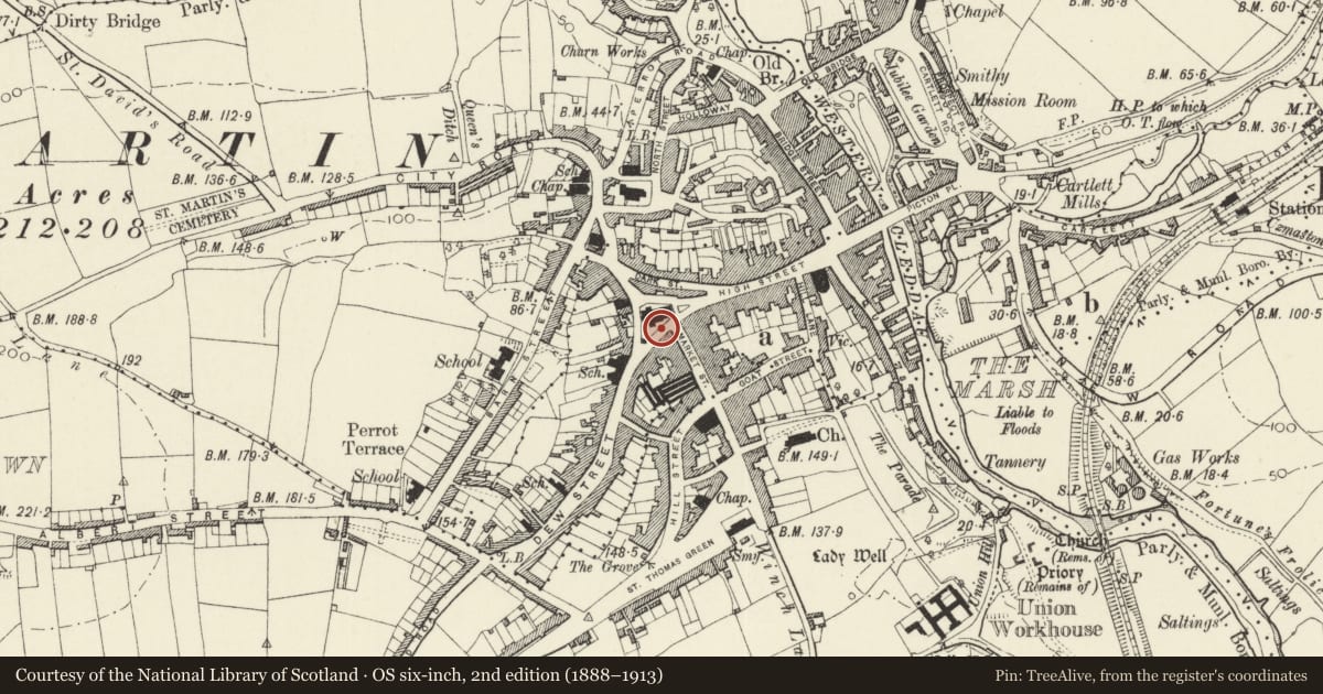 Ordnance Survey six-inch map, 2nd edition (1888–1913) covering the location of Churchyard walls, gates, gatepiers and railings at Church of Saint Mary, Haverfordwest, Pembrokeshire, with a pin at the register's coordinates