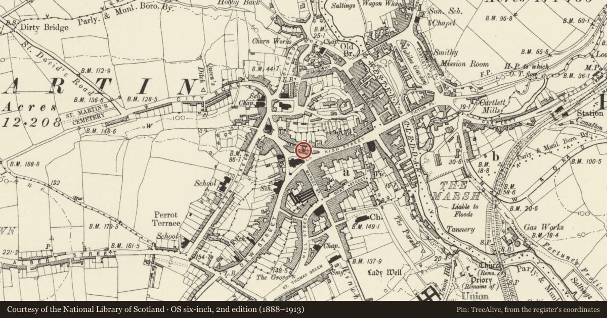 Ordnance Survey six-inch map, 2nd edition (1888–1913) covering the location of Former Temperance Hall, Haverfordwest, Pembrokeshire, with a pin at the register's coordinates