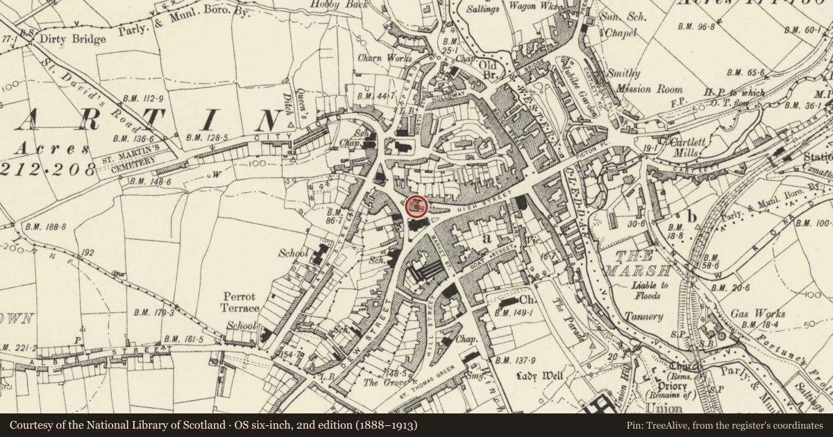 Ordnance Survey six-inch map, 2nd edition (1888–1913) covering the location of The Assembly Rooms, Haverfordwest, Pembrokeshire, with a pin at the register's coordinates
