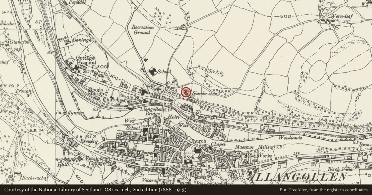 Ordnance Survey six-inch map, 2nd edition (1888–1913) covering the location of Siambr Wen, Llangollen, Denbighshire, with a pin at the register's coordinates