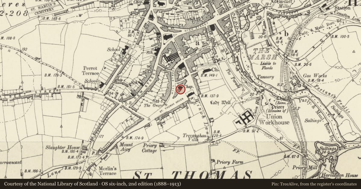 Ordnance Survey six-inch map, 2nd edition (1888–1913) covering the location of Bulmer House and railings, Haverfordwest, Pembrokeshire, with a pin at the register's coordinates