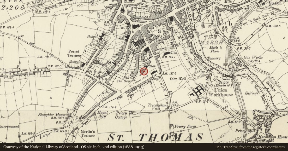Ordnance Survey six-inch map, 2nd edition (1888–1913) covering the location of 12 Albany Terrace, Haverfordwest, Pembrokeshire, with a pin at the register's coordinates
