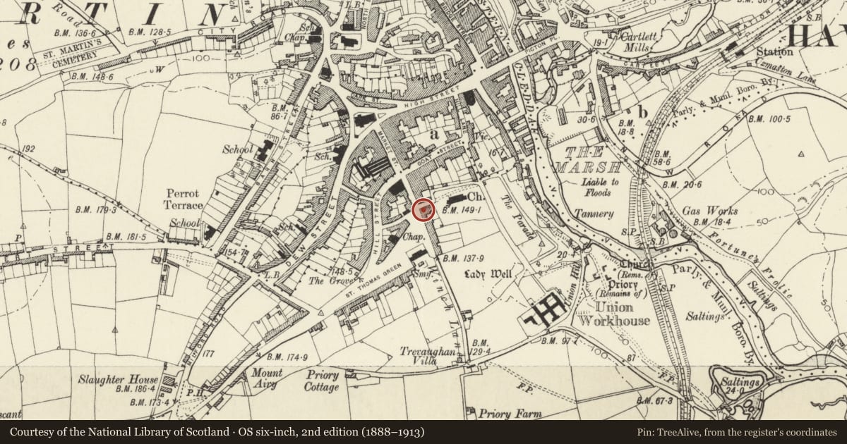 Ordnance Survey six-inch map, 2nd edition (1888–1913) covering the location of Willesden House and railings, Haverfordwest, Pembrokeshire, with a pin at the register's coordinates