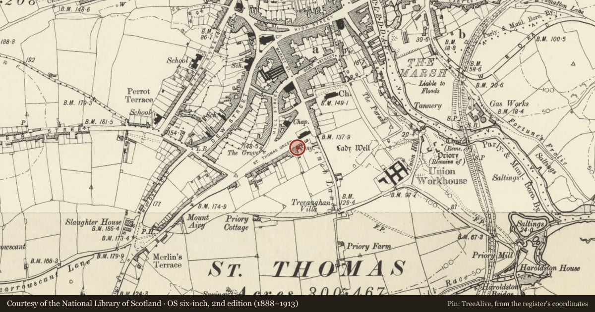 Ordnance Survey six-inch map, 2nd edition (1888–1913) covering the location of 2 Grove Place, Haverfordwest, Pembrokeshire, with a pin at the register's coordinates