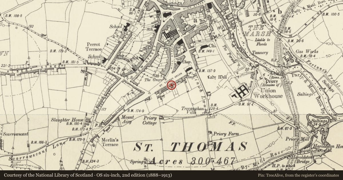 Ordnance Survey six-inch map, 2nd edition (1888–1913) covering the location of The Oak Inn P.H., Haverfordwest, Pembrokeshire, with a pin at the register's coordinates
