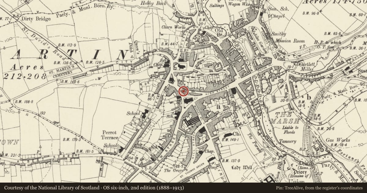 Ordnance Survey six-inch map, 2nd edition (1888–1913) covering the location of 3 Tower Hill, Haverfordwest, Pembrokeshire, with a pin at the register's coordinates