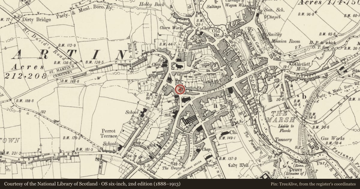Ordnance Survey six-inch map, 2nd edition (1888–1913) covering the location of 5 Tower Hill, Haverfordwest, Pembrokeshire, with a pin at the register's coordinates