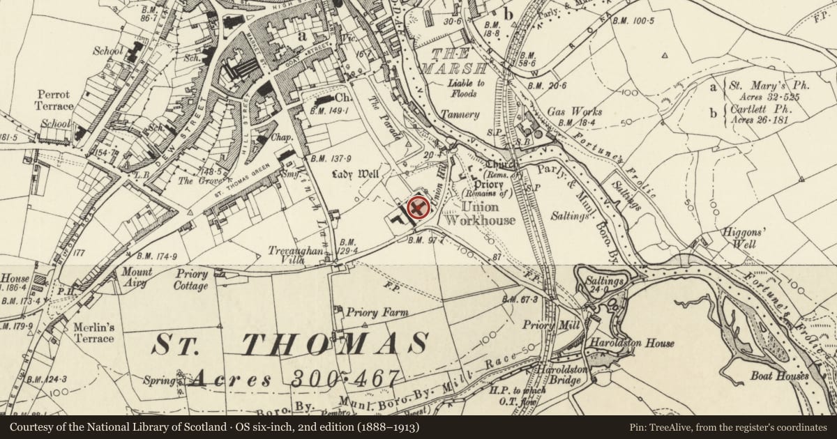 Ordnance Survey six-inch map, 2nd edition (1888–1913) covering the location of Priory Court, Haverfordwest, Pembrokeshire, with a pin at the register's coordinates