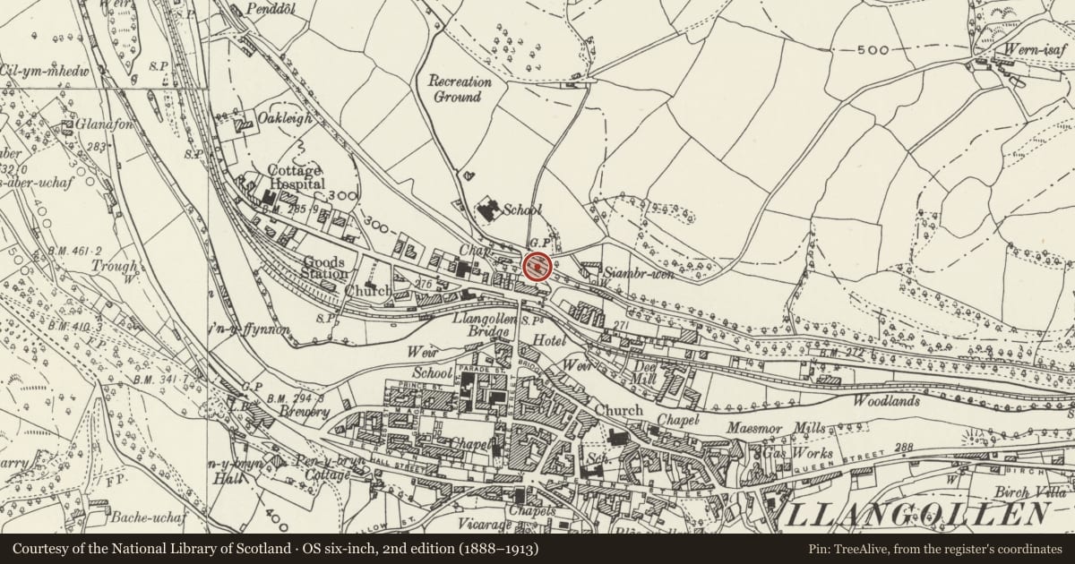 Ordnance Survey six-inch map, 2nd edition (1888–1913) covering the location of Wharf Cottage, Llangollen, Denbighshire, with a pin at the register's coordinates