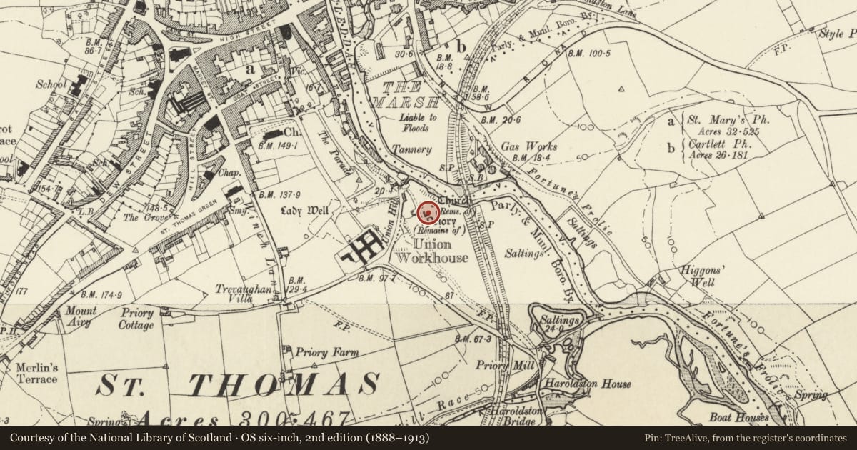 Ordnance Survey six-inch map, 2nd edition (1888–1913) covering the location of Remains of Priory of Saint Mary and Saint Thomas the Martyr, Haverfordwest, Pembrokeshire, with a pin at the register's coordinates