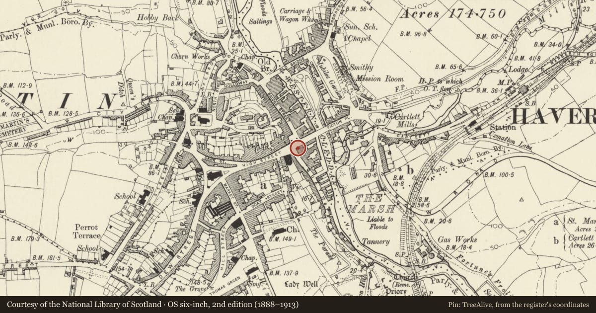 Ordnance Survey six-inch map, 2nd edition (1888–1913) covering the location of Nos. 1 and 3 Victoria Place, Haverfordwest, Pembrokeshire, with a pin at the register's coordinates