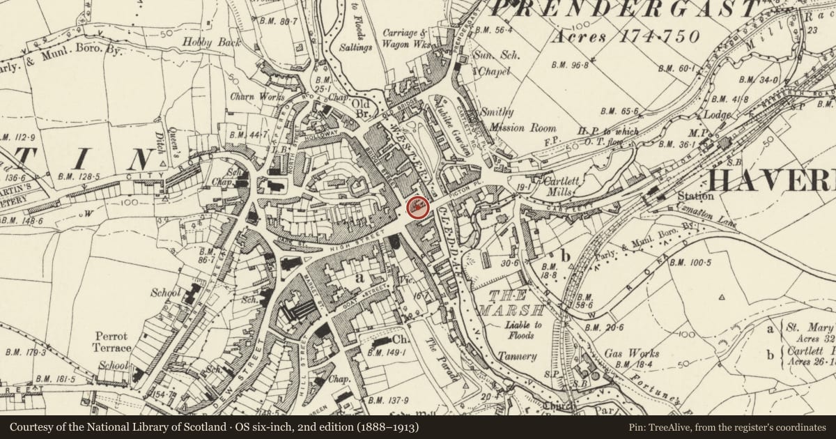 Ordnance Survey six-inch map, 2nd edition (1888–1913) covering the location of 4 Victoria Place, Haverfordwest, Pembrokeshire, with a pin at the register's coordinates