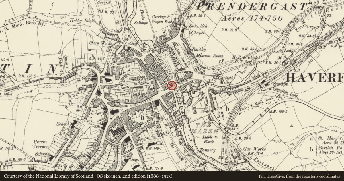 Ordnance Survey six-inch map, 2nd edition (1888–1913) covering the location of 12 Victoria Place, Haverfordwest, Pembrokeshire, with a pin at the register's coordinates