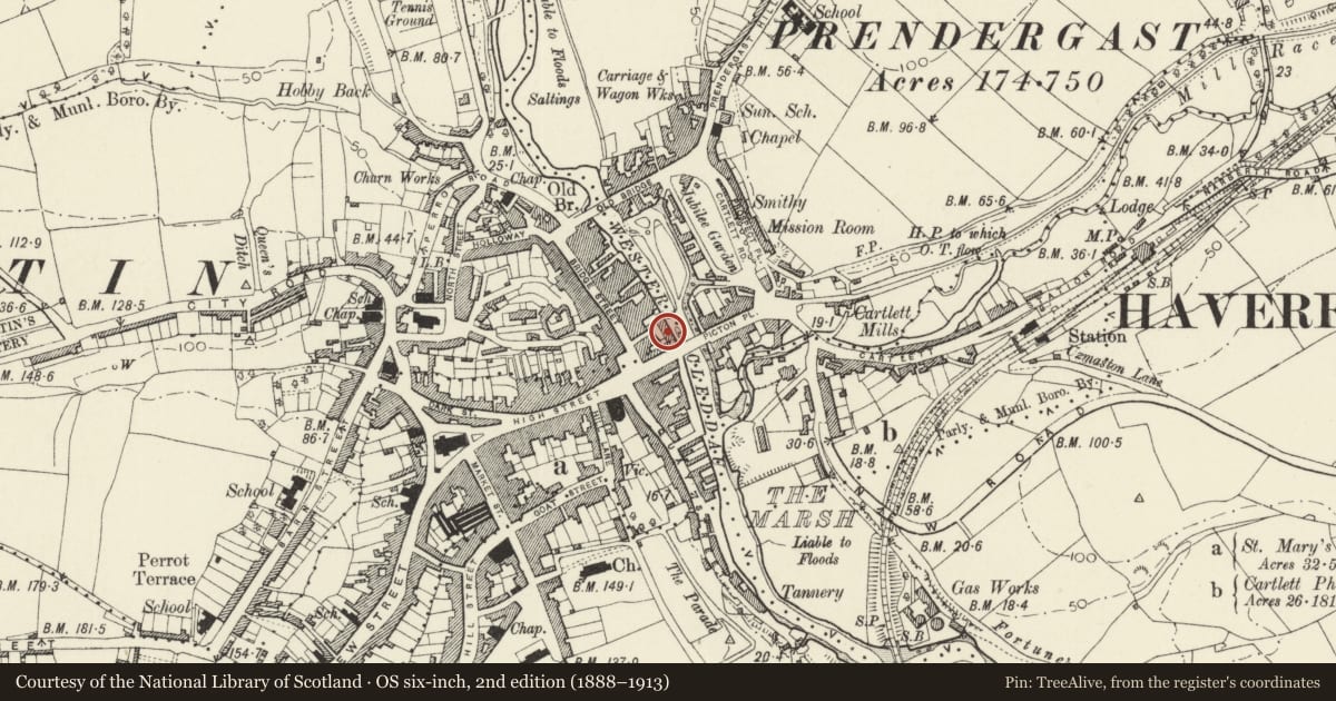 Ordnance Survey six-inch map, 2nd edition (1888–1913) covering the location of Warehouse at rear of No. 12 Victoria Place, Haverfordwest, Pembrokeshire, with a pin at the register's coordinates