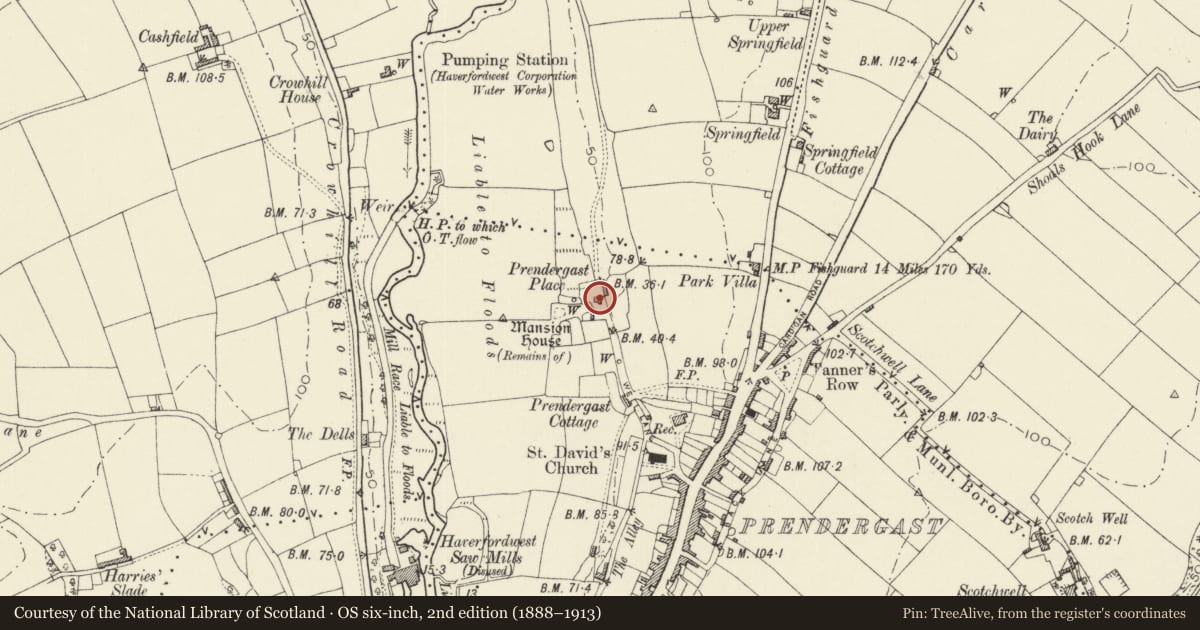Ordnance Survey six-inch map, 2nd edition (1888–1913) covering the location of Ty Twt, Haverfordwest, Pembrokeshire, with a pin at the register's coordinates