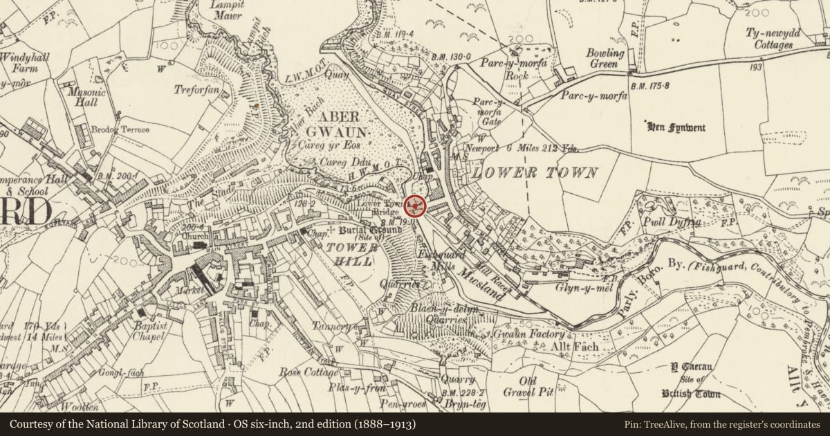 Ordnance Survey six-inch map, 2nd edition (1888–1913) covering the location of Fishguard Bridge, Fishguard and Goodwick, Pembrokeshire, with a pin at the register's coordinates