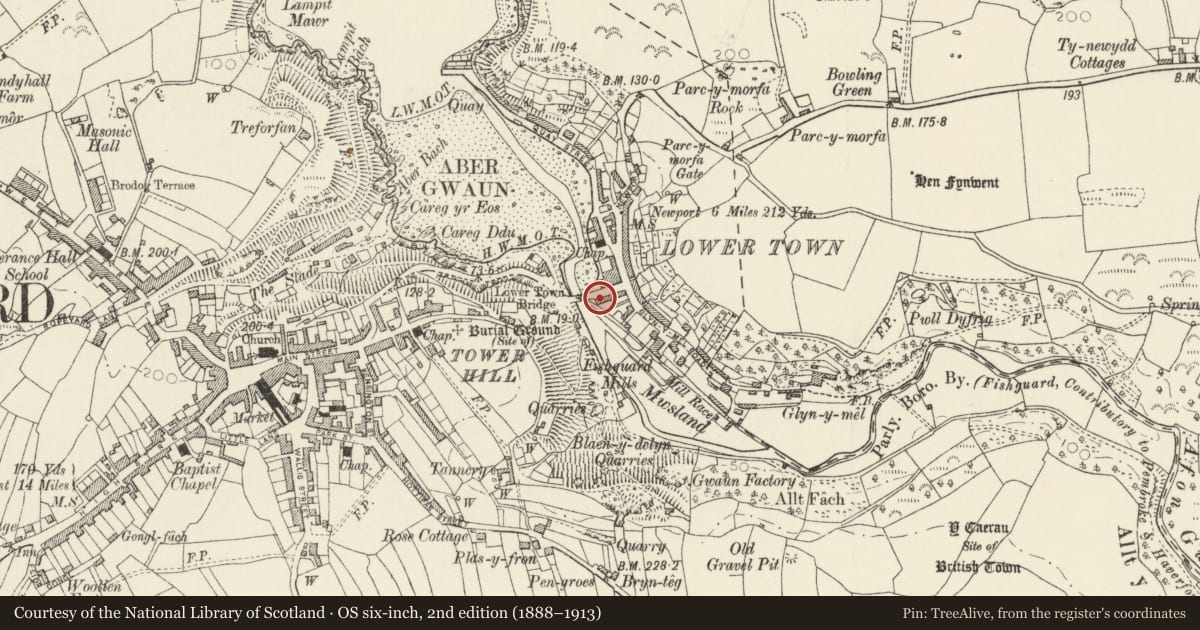 Ordnance Survey six-inch map, 2nd edition (1888–1913) covering the location of 2 Bridge Street, Fishguard and Goodwick, Pembrokeshire, with a pin at the register's coordinates