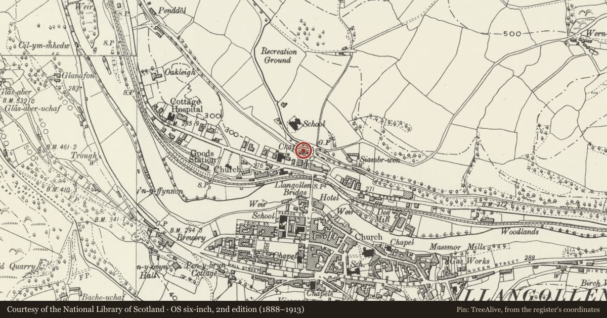 Ordnance Survey six-inch map, 2nd edition (1888–1913) covering the location of Canal Museum, Llangollen, Denbighshire, with a pin at the register's coordinates