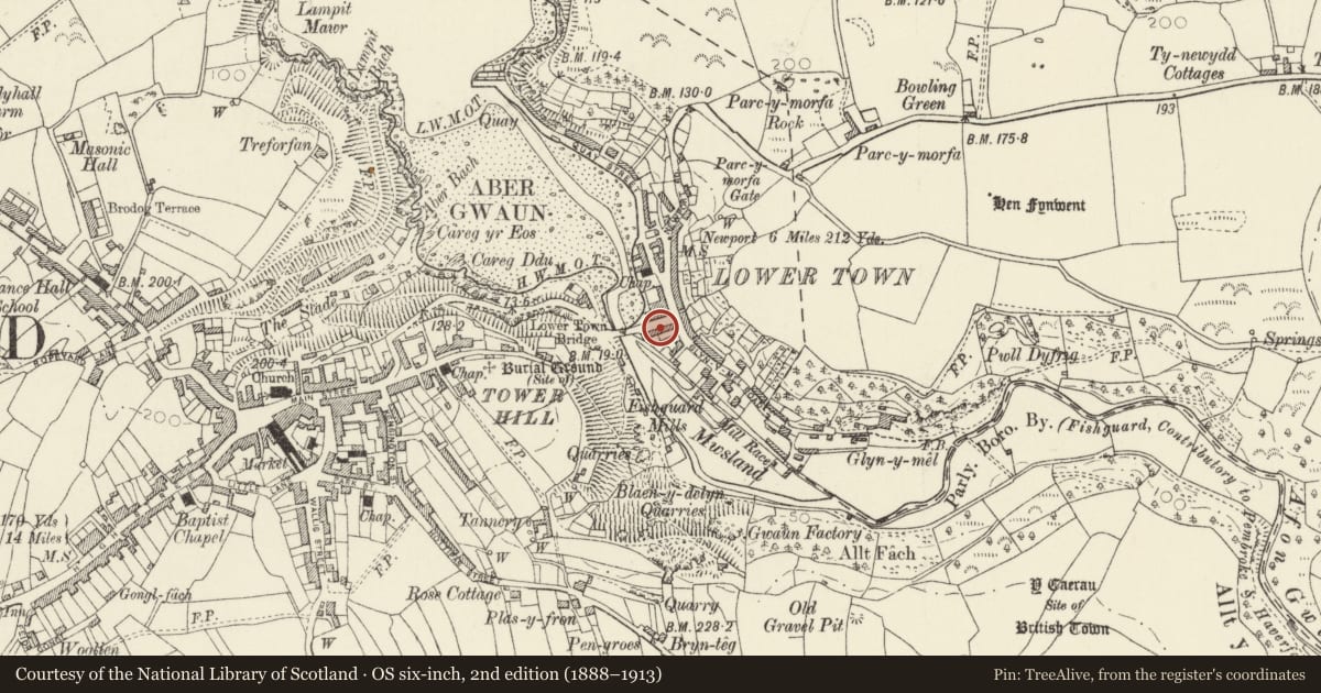 Ordnance Survey six-inch map, 2nd edition (1888–1913) covering the location of 6 Bridge Street, Fishguard and Goodwick, Pembrokeshire, with a pin at the register's coordinates
