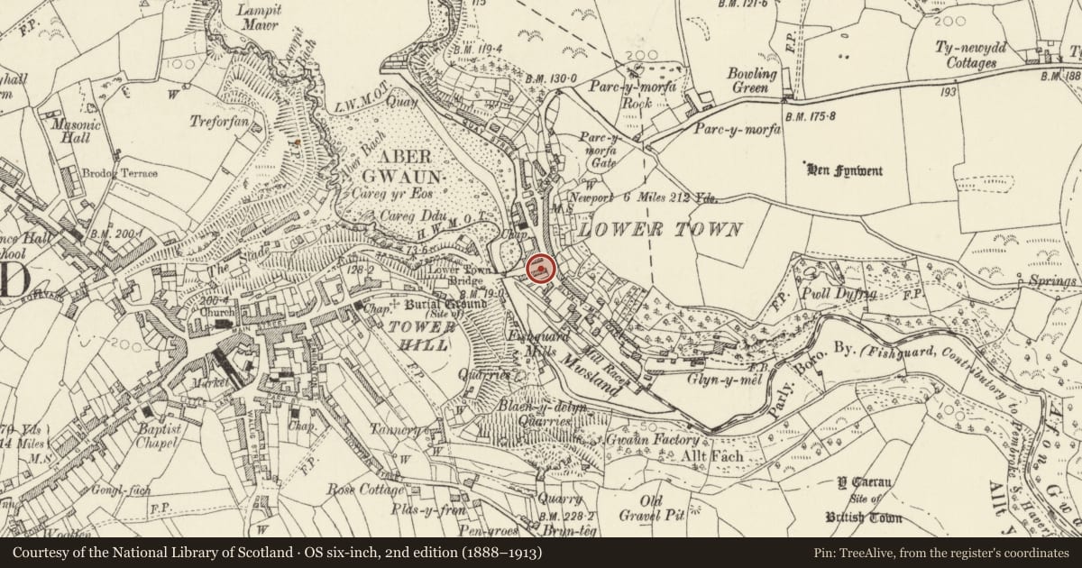 Ordnance Survey six-inch map, 2nd edition (1888–1913) covering the location of 10 Bridge Street, Fishguard and Goodwick, Pembrokeshire, with a pin at the register's coordinates