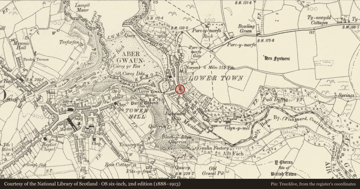 Ordnance Survey six-inch map, 2nd edition (1888–1913) covering the location of 1 Glyn-y-Mel Road, Fishguard and Goodwick, Pembrokeshire, with a pin at the register's coordinates