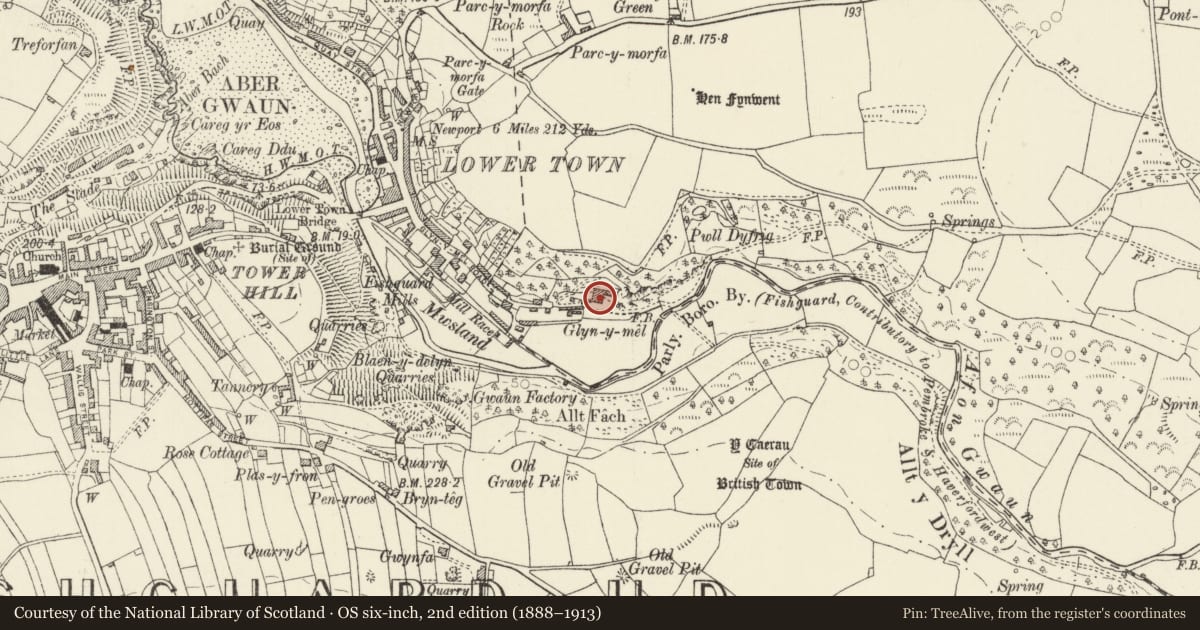 Ordnance Survey six-inch map, 2nd edition (1888–1913) covering the location of Plas Glyn-y-Mel, including quadrant wall & gatepier to W service court, Fishguard and Goodwick, Pembrokeshire, with a pin at the register's coordinates