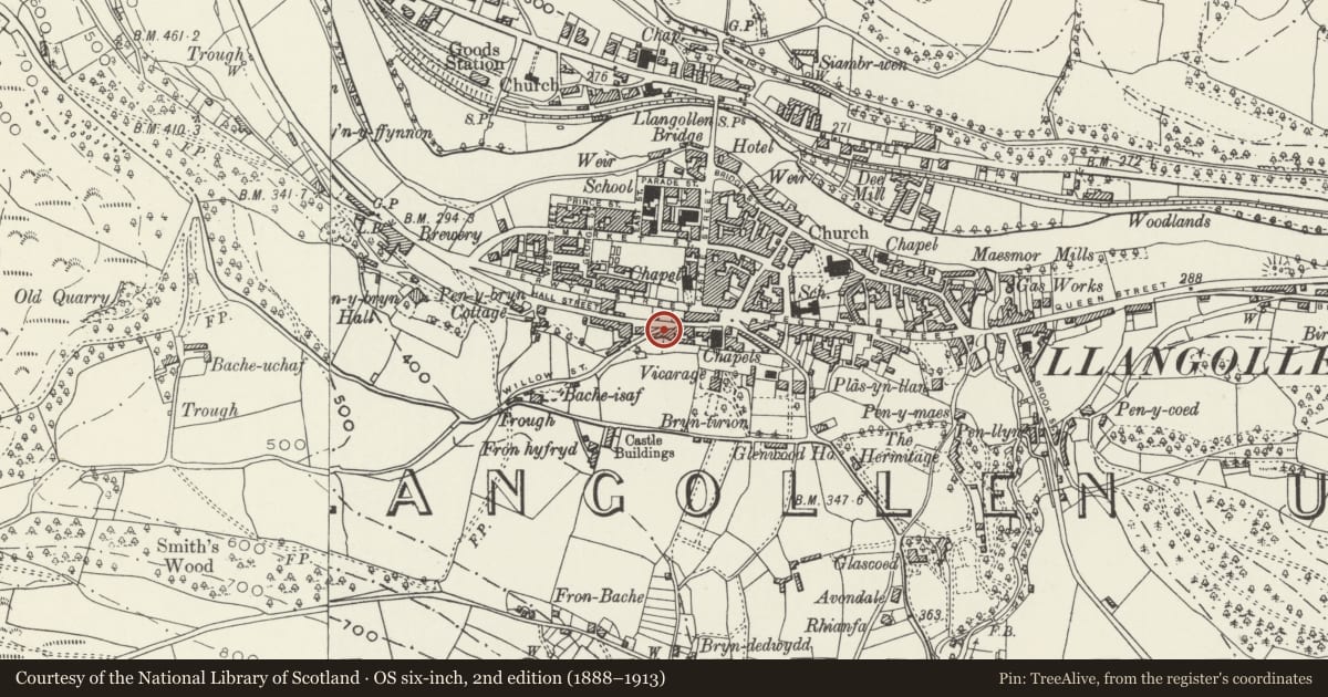 Ordnance Survey six-inch map, 2nd edition (1888–1913) covering the location of Willow House (including Former Coach House to right), Llangollen, Denbighshire, with a pin at the register's coordinates
