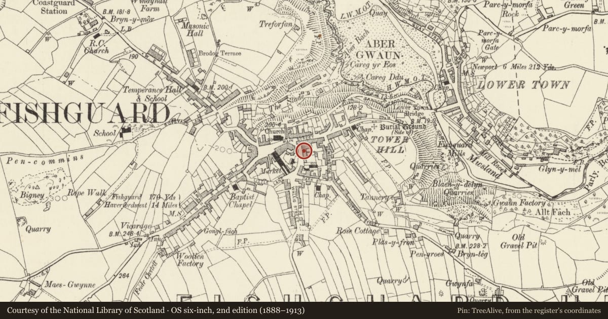 Ordnance Survey six-inch map, 2nd edition (1888–1913) covering the location of 7 Hamilton Street, Fishguard and Goodwick, Pembrokeshire, with a pin at the register's coordinates