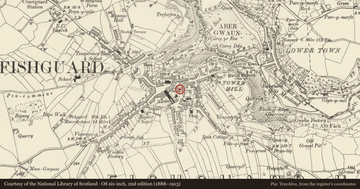 Ordnance Survey six-inch map, 2nd edition (1888–1913) covering the location of Sycamore Lodge, Fishguard and Goodwick, Pembrokeshire, with a pin at the register's coordinates