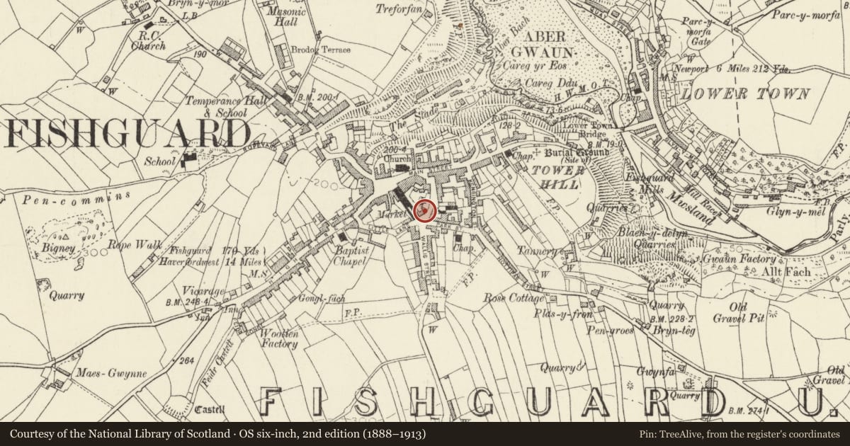 Ordnance Survey six-inch map, 2nd edition (1888–1913) covering the location of Premises occupied by The Dragon House, Fishguard and Goodwick, Pembrokeshire, with a pin at the register's coordinates