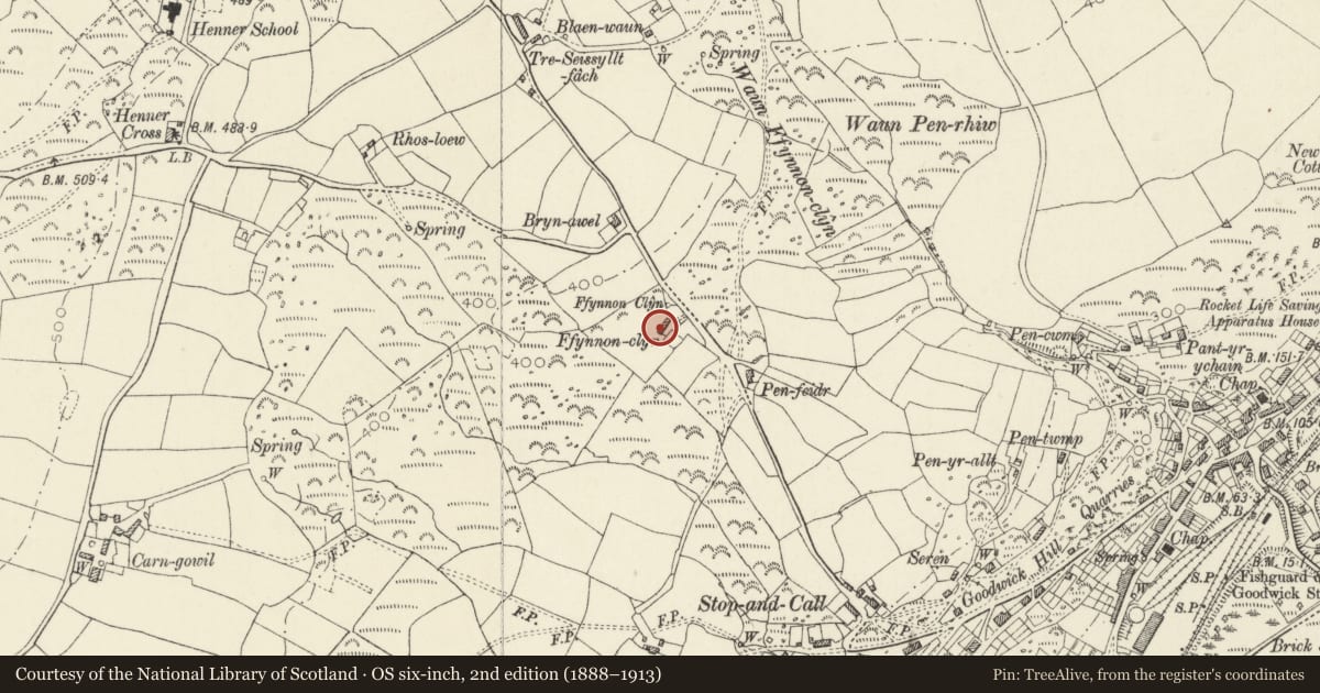 Ordnance Survey six-inch map, 2nd edition (1888–1913) covering the location of Ffynnon Clun farmhouse & adjoining outbuilding, Fishguard and Goodwick, Pembrokeshire, with a pin at the register's coordinates