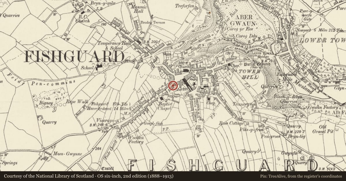 Ordnance Survey six-inch map, 2nd edition (1888–1913) covering the location of 5 High Street, Fishguard and Goodwick, Pembrokeshire, with a pin at the register's coordinates