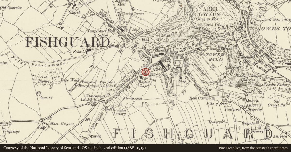Ordnance Survey six-inch map, 2nd edition (1888–1913) covering the location of Cartref Hotel, Fishguard and Goodwick, Pembrokeshire, with a pin at the register's coordinates