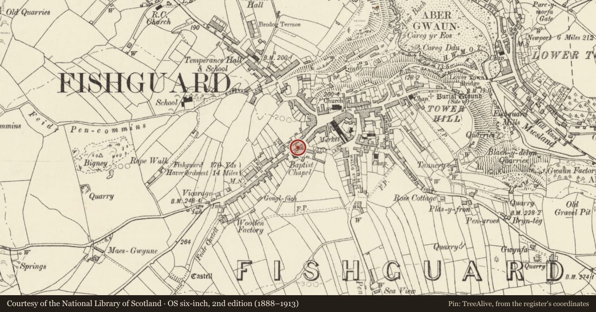 Ordnance Survey six-inch map, 2nd edition (1888–1913) covering the location of 21 High Street, Fishguard and Goodwick, Pembrokeshire, with a pin at the register's coordinates